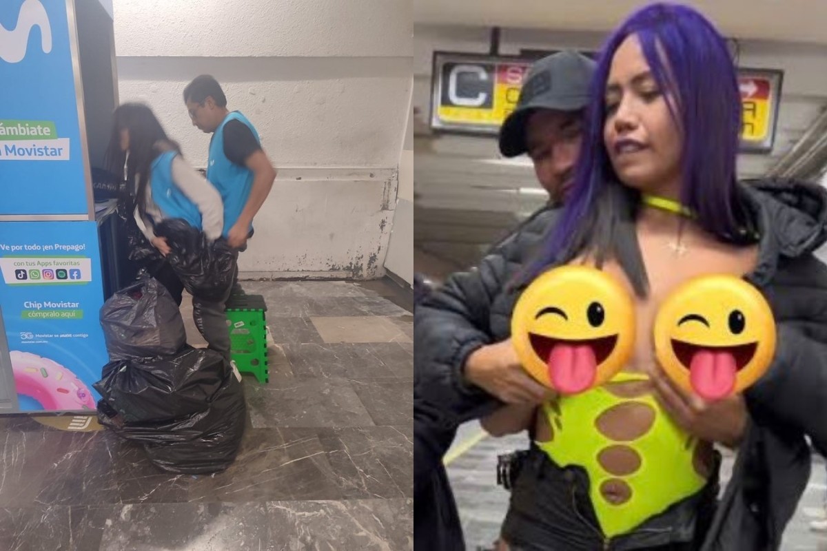 Empleados de Movistar/Luna Bella con policía en el Metro de la CDMX Foto: Especial