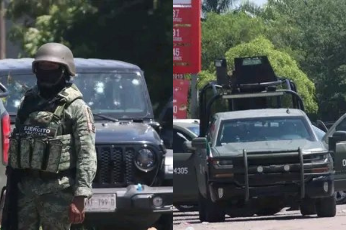 Elementos del ejército nacional y automóviles abandonados por los enfrentamientos. Foto: Especial