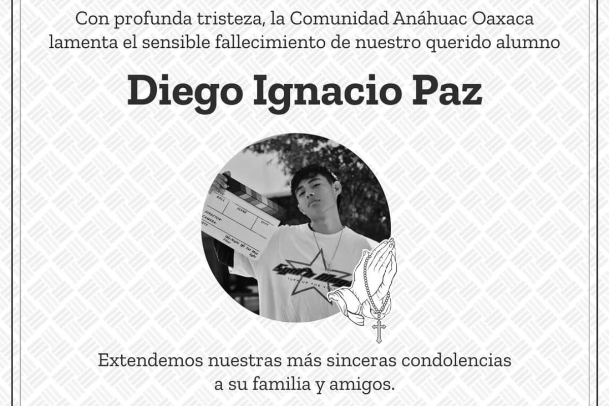 Esquela de Diego Ignacio 'N' difundida por la Universidad Anáhuac Oaxaca. Foto: Especial