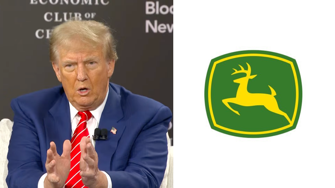 Donald Trump y logo de John Deere. Captura de pantalla (YouTube/ Bloomberg Television) / X (@JohnDeere)