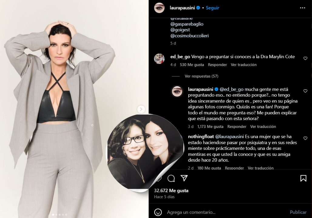 Laura Pausini aclaró en Instagram que no conoce a Marilyn Cote, la abogada que fingía ser psiquiatra en Puebla y que usaba fotos editadas con la cantante para aparentar cercanía. Foto: Instagram @laurapausini