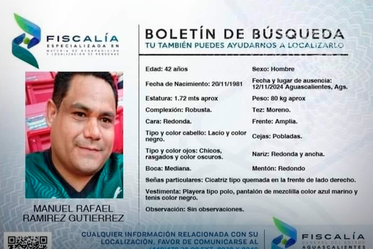 Ficha de búsqueda de Manuel Rafael Ramírez Gutiérrez. Foto: Fiscalía General de Justicia del Estado (FGJE) de Aguascalientes