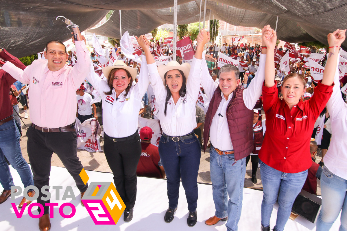 Alma Alcaraz en compañía de la candidata a la alcaldía de Pénjamo, Yozajamby Molina y el candidato a senador, Ricardo Sheffield, durante un evento en Pénjamo, Guanajuato. Foto: Salvador Pacheco / POSTA