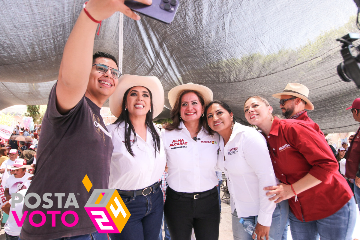 Alma Alcaraz en compañía de la candidata a la alcaldía de Pénjamo, Yozajamby Molina y el candidato a senador, Ricardo Sheffield, durante un evento en Pénjamo, Guanajuato. Foto: Salvador Pacheco / POSTA