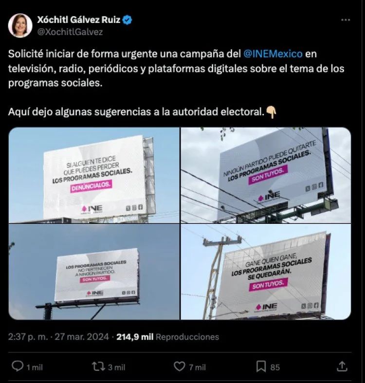 Publicación de Xóchitl Gálvez donde propone al INE su campaña