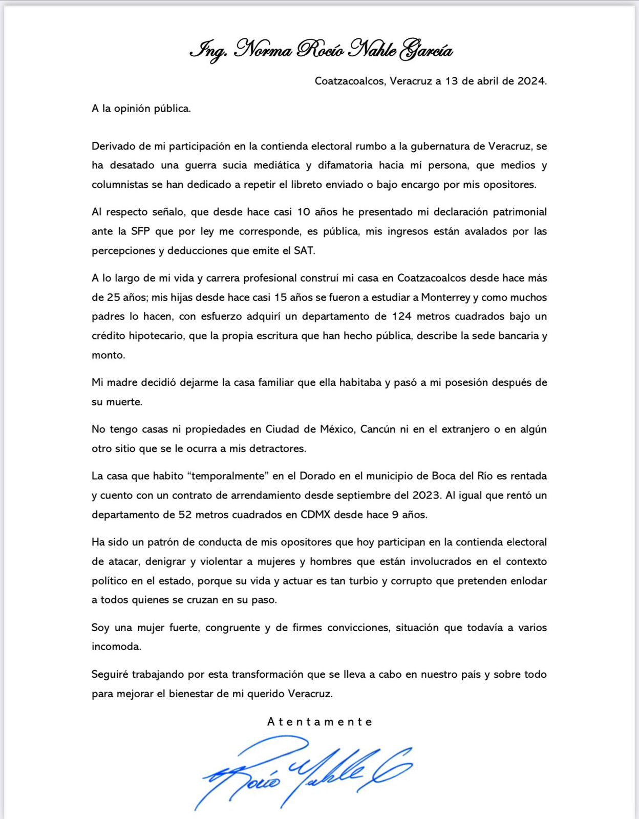 Carta expedida por Rocío Nahle, candidata de morena en Xalapa, Veracruz. Foto tomada de: POSTA